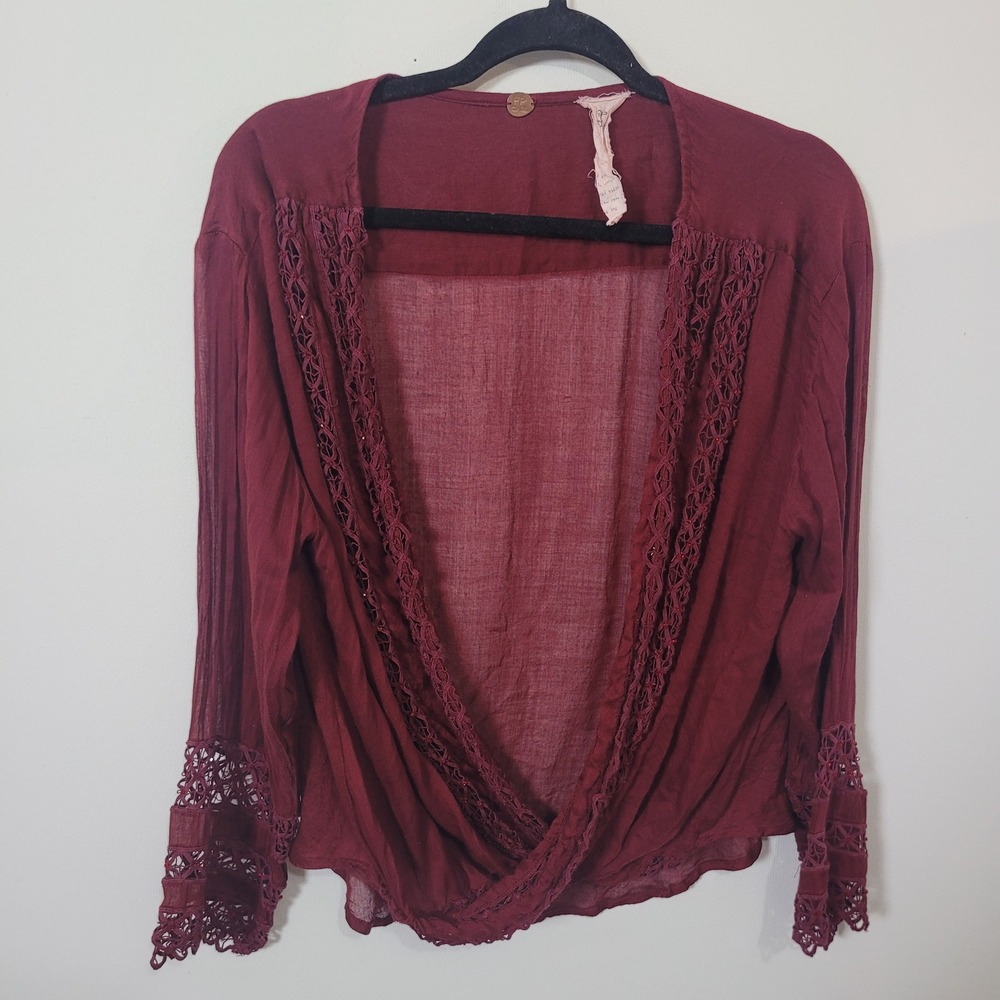FP One Women's Size M Embellished Mia Wrap Maroon Sheer Beaded Boho Crochet